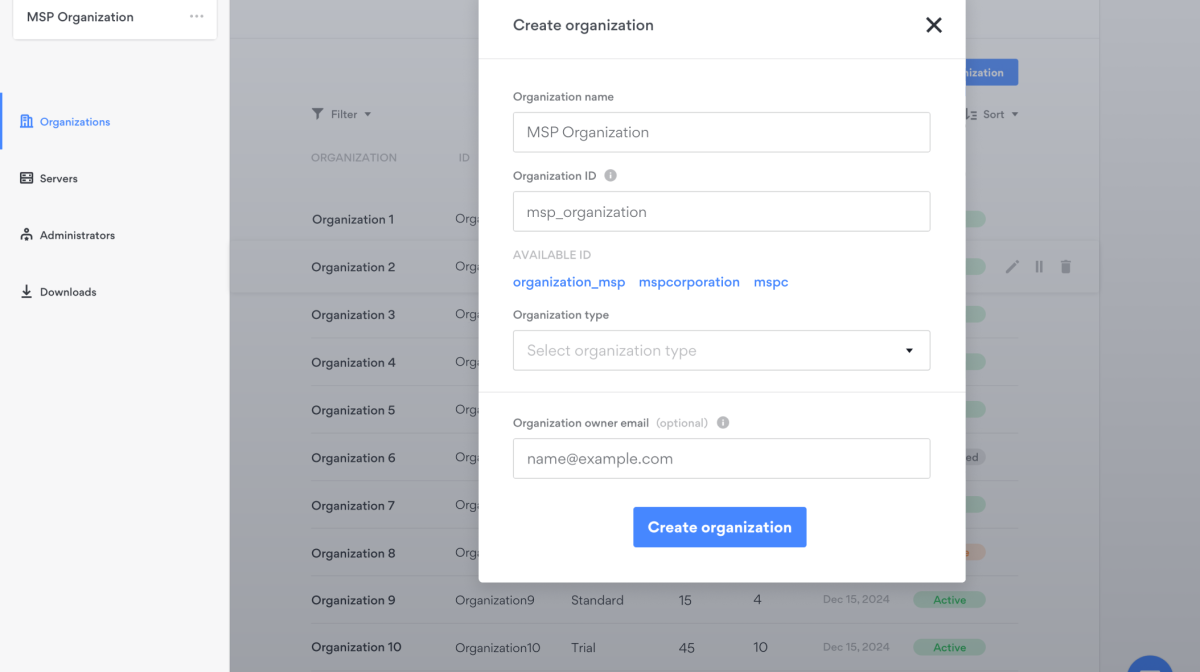 Create organization tab Create organization tab